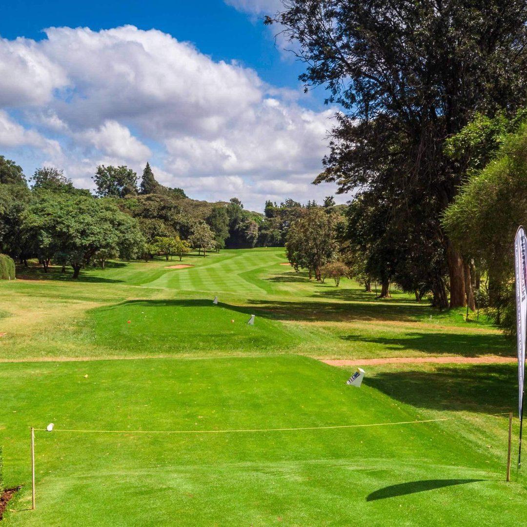 Beautifully maintained tee area with lush fairway stretching ahead.