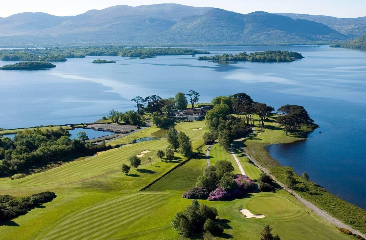 Stunning view of fairways stretching out onto a lakeside peninsula.