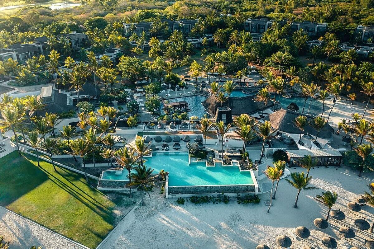 Overhead view of the outdoor swimming pool and buildings at the Long Beach Golf & Spa Resort