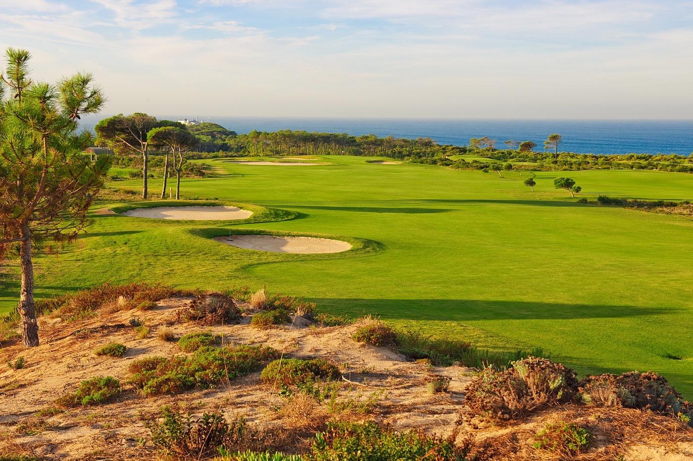 Manicured fairway interspersed with bunkers leading to the green