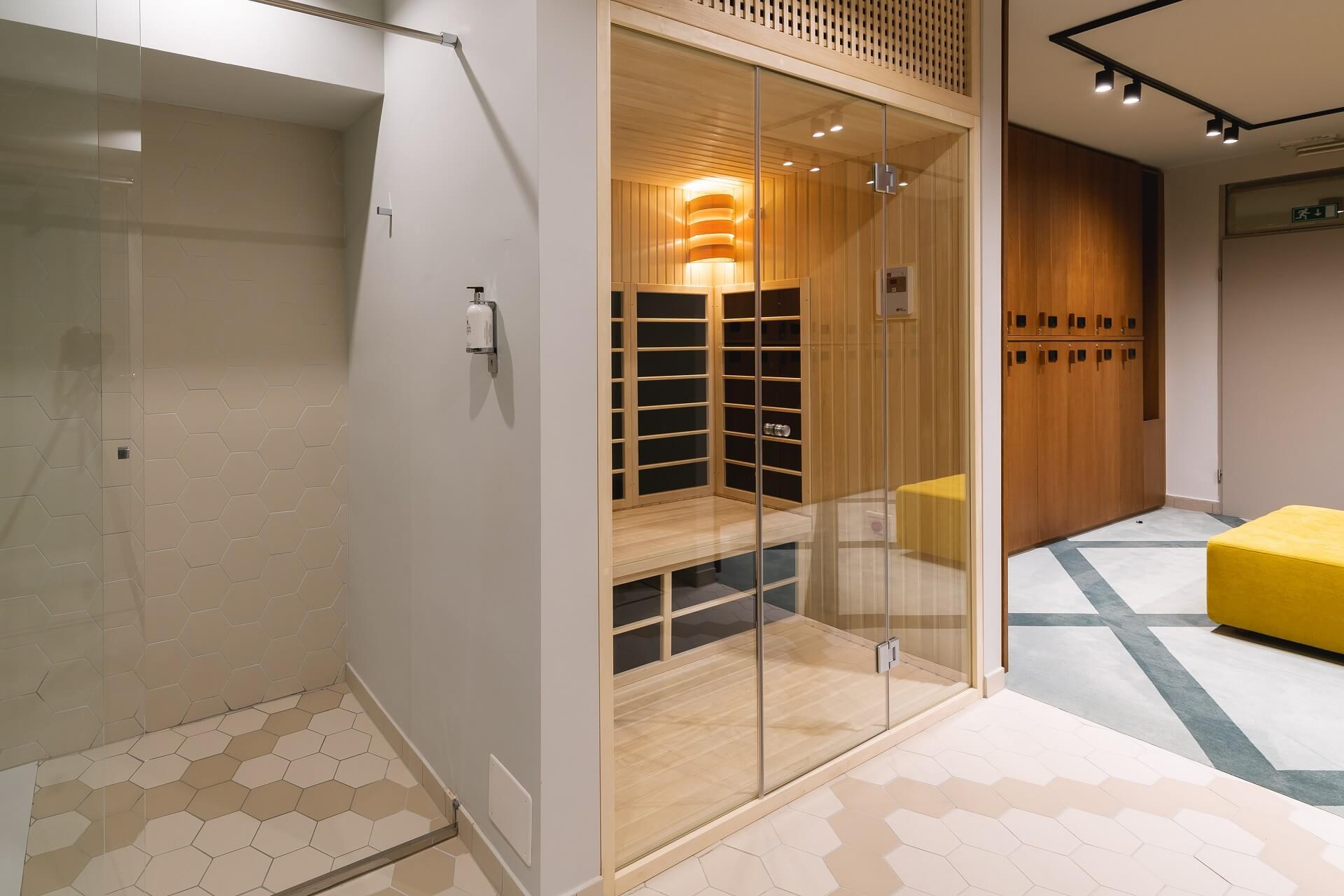 Sauna and shower as part of the spa at the resort with lockers