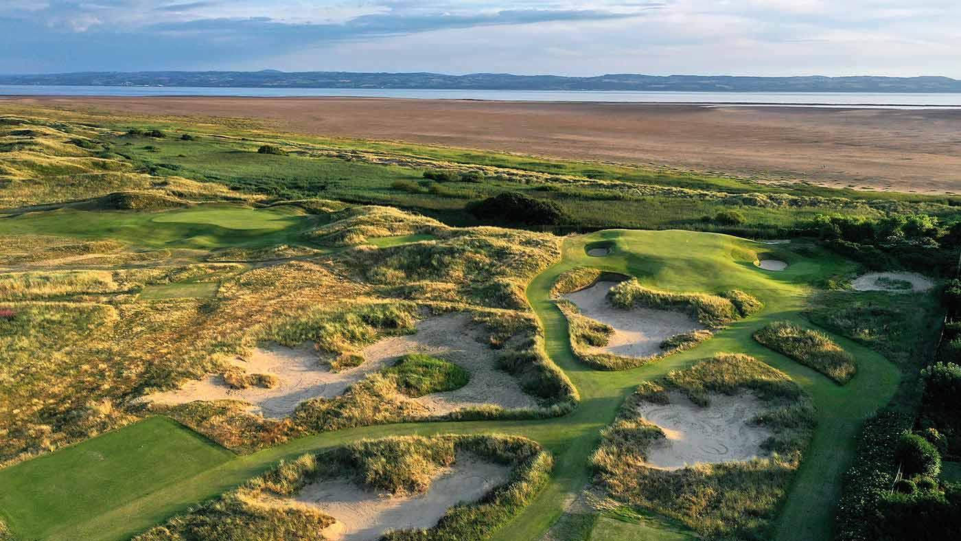 Overhead view of the Royal Liverpool golf course with its mature rough yet smooth greens with coastal views