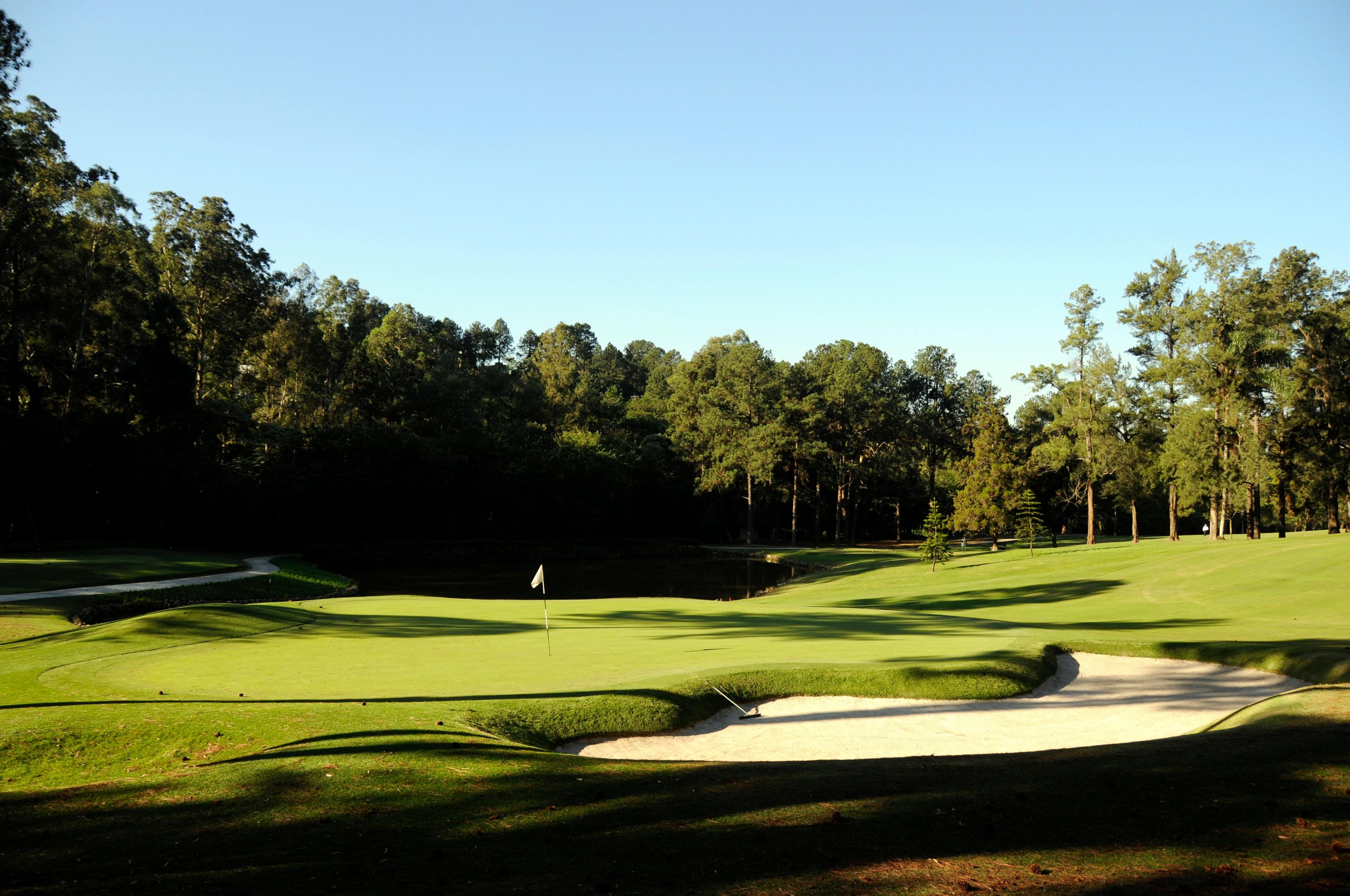 A green surrounded by sand bunkers and a small pond, set amidst a forested area