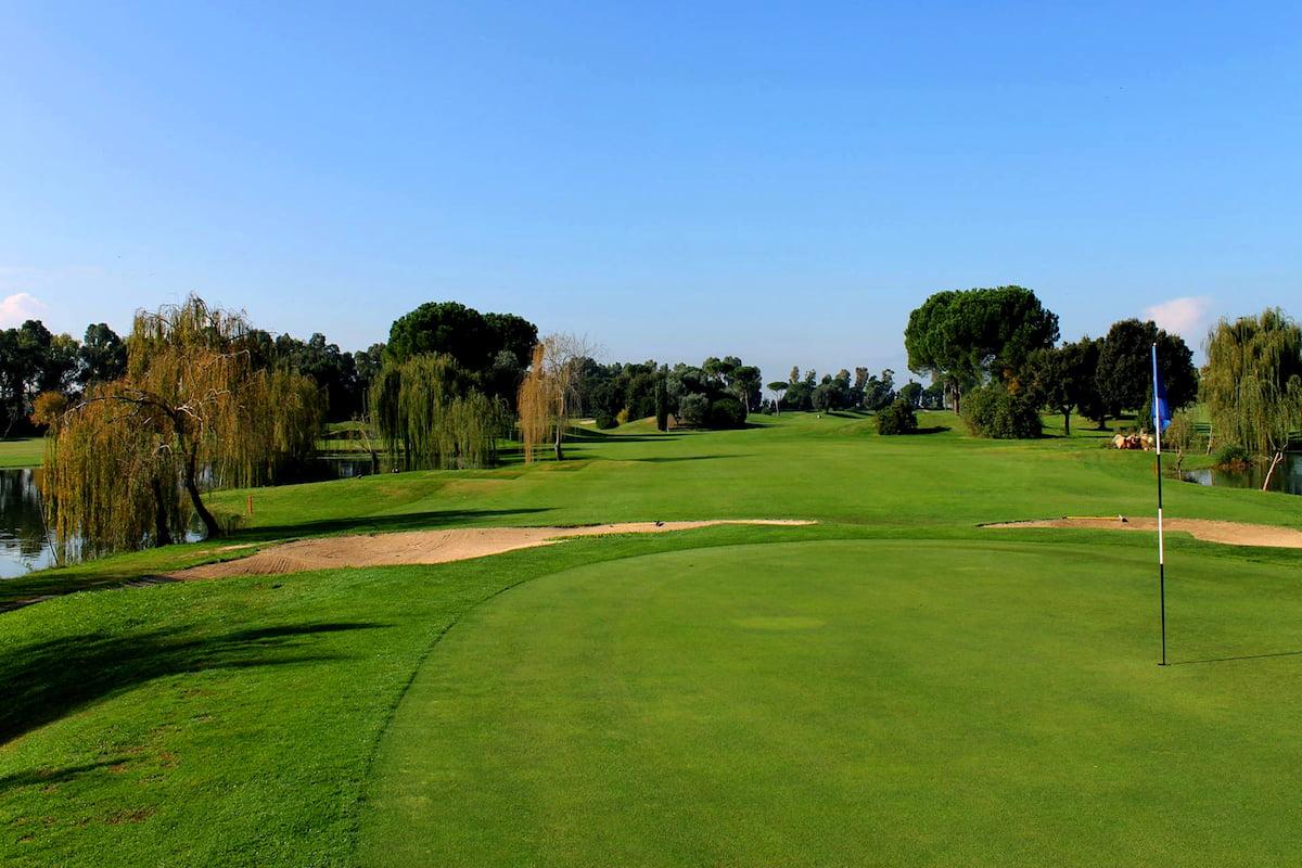 A wide well maintained fairway leading to a smooth green with a blue flagstick in the centre