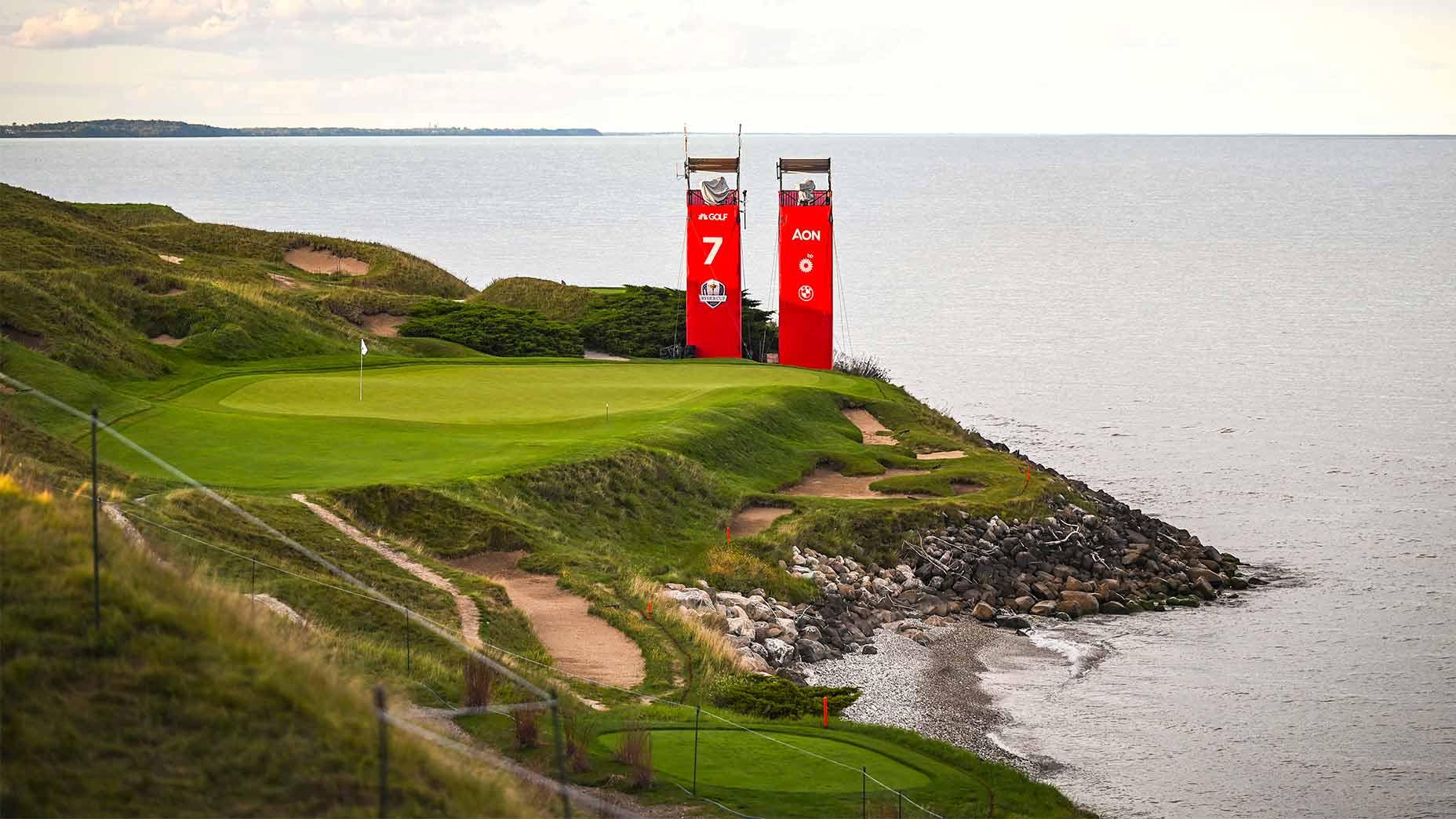 A Coastal green strategically placed with sea views at the Whistling Straits Golf Club