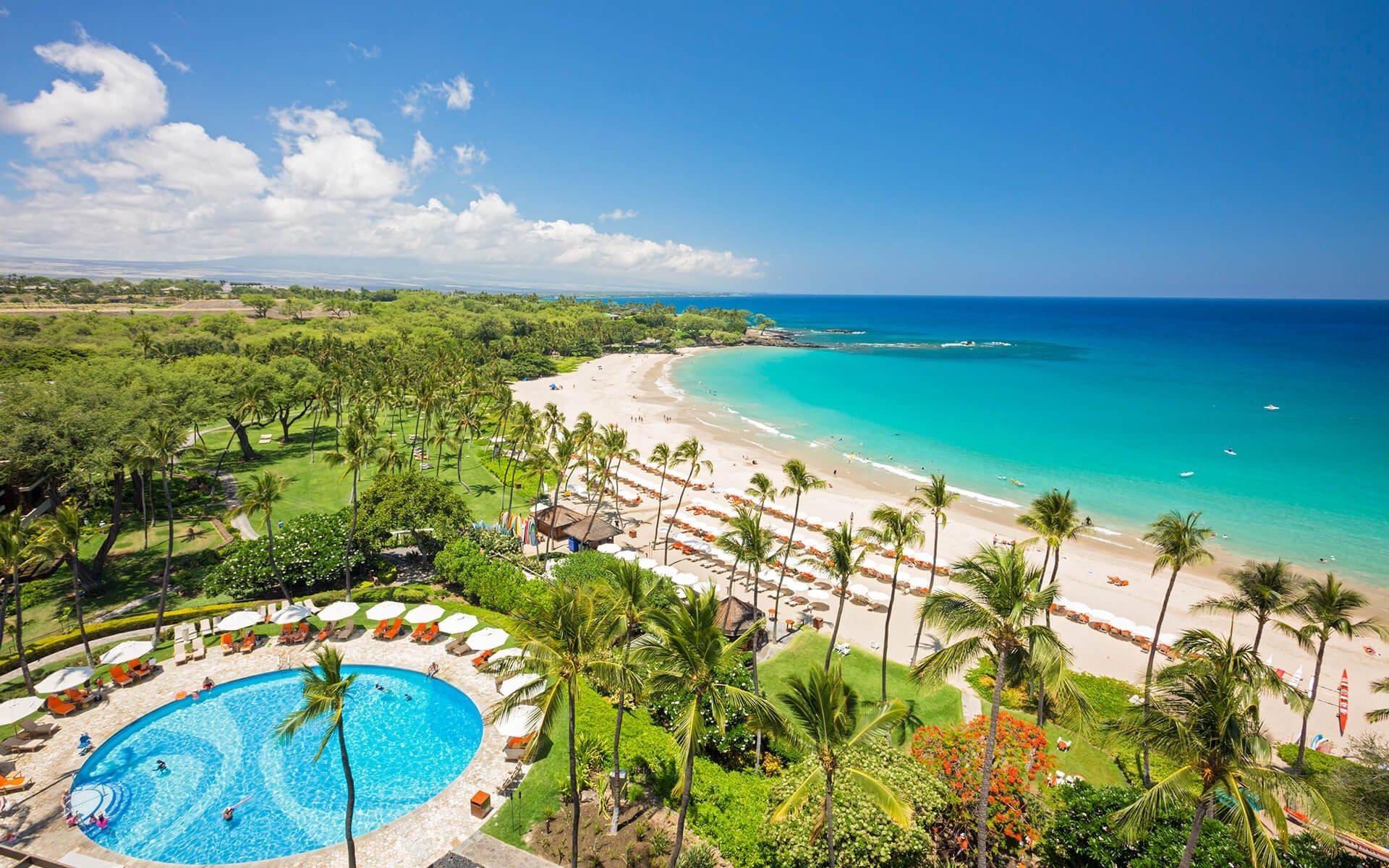 Aerial view of the pool area and beach