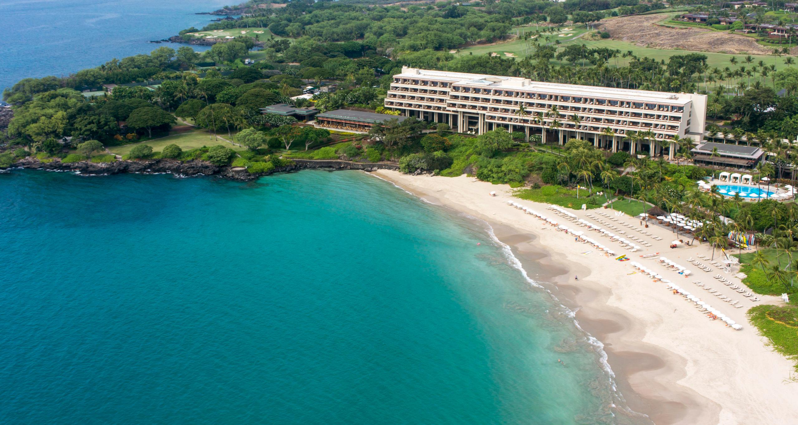 Aerial view of the resort, on the beach