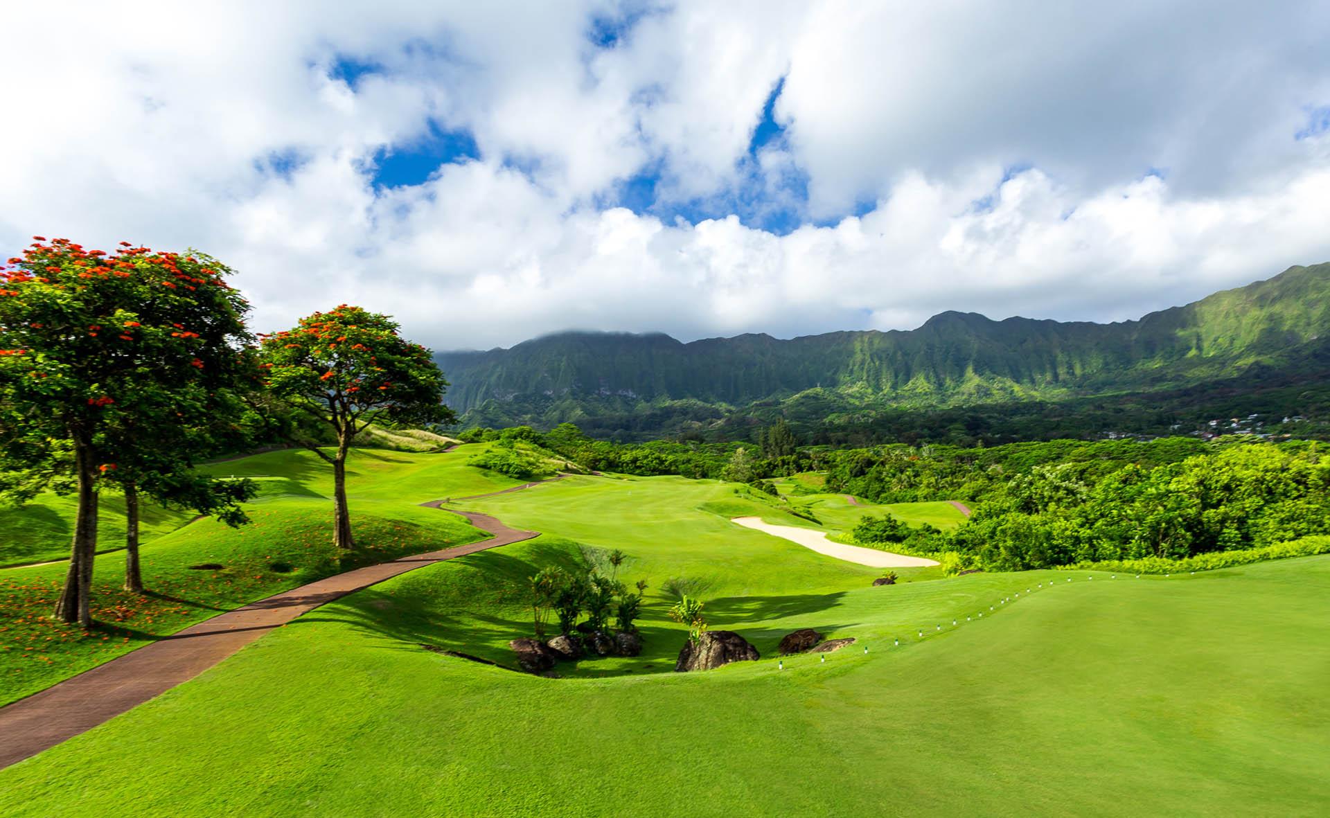 Undulating fairway with mountains in the background