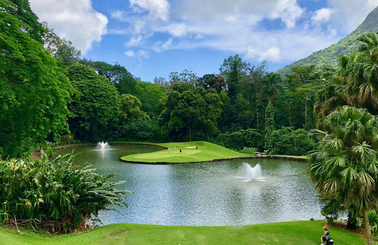 Green with large water hazard in front