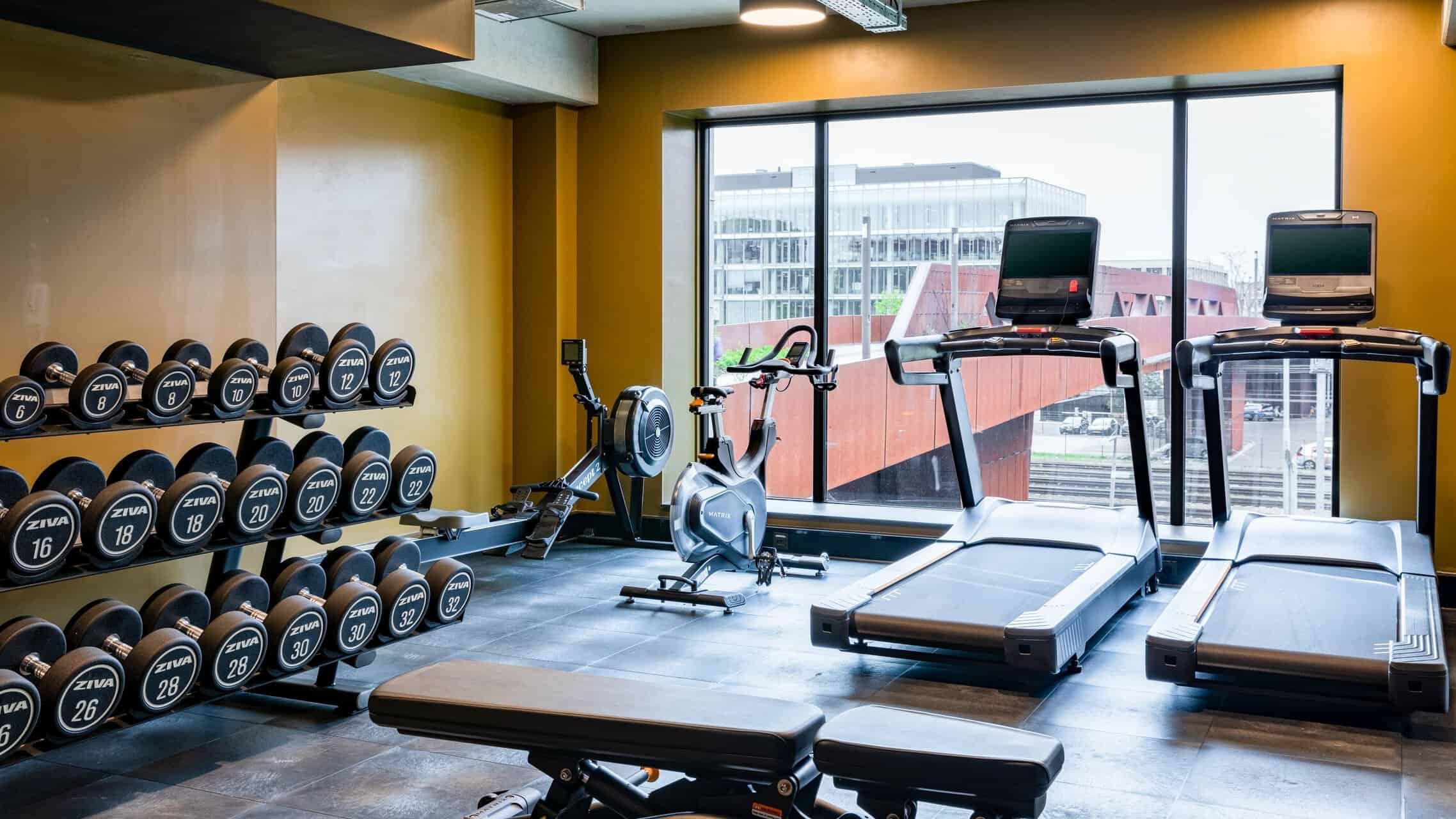 An indoor gym at the hotel with all the facilities necessary and a large window for natural light
