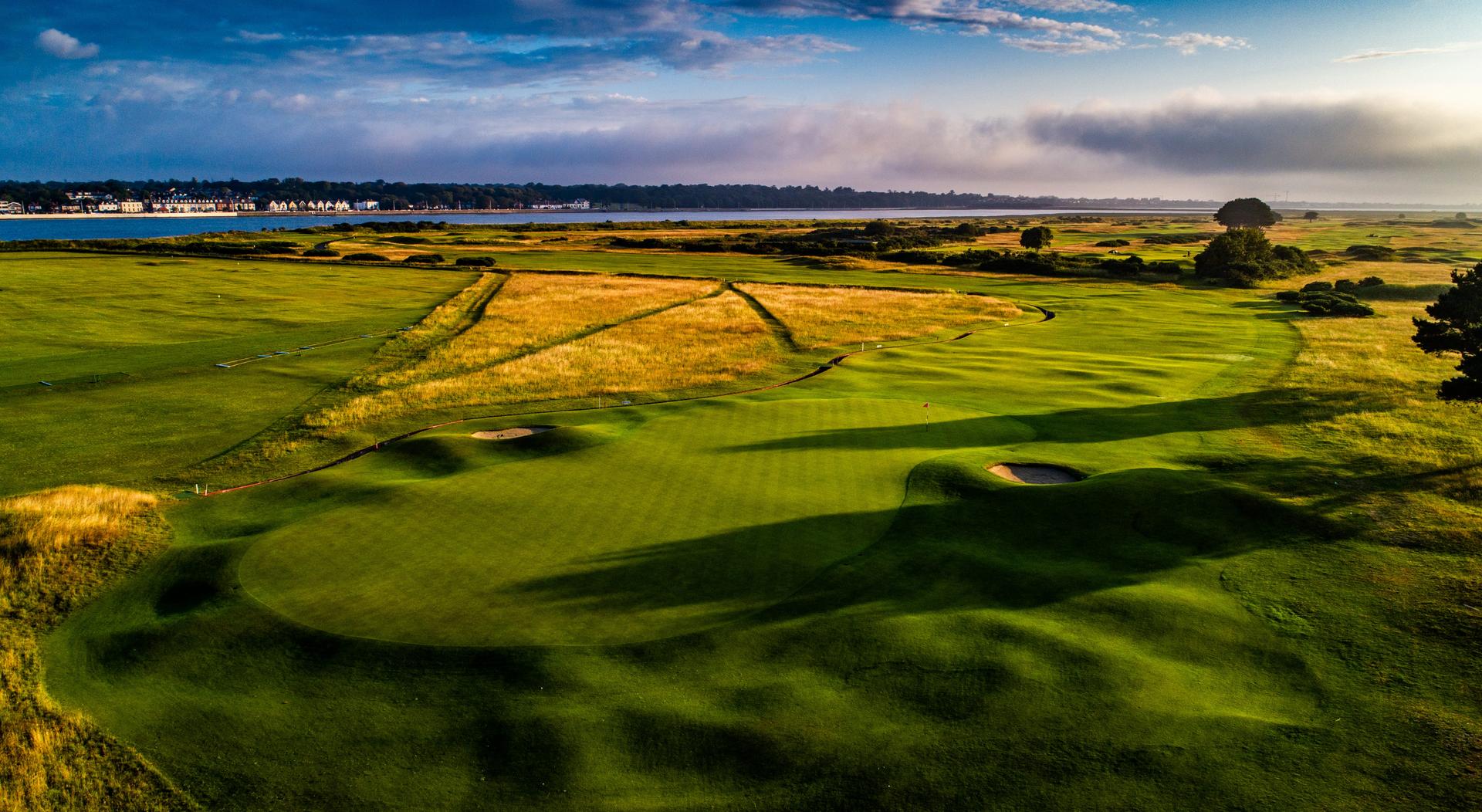Overhead view of a well maintained fairway leading to a smooth green