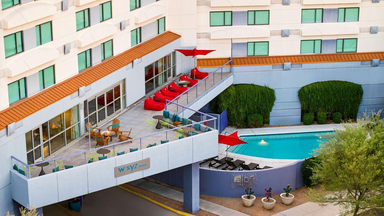 Overhead view of another outdoor swimming pool at the hotel