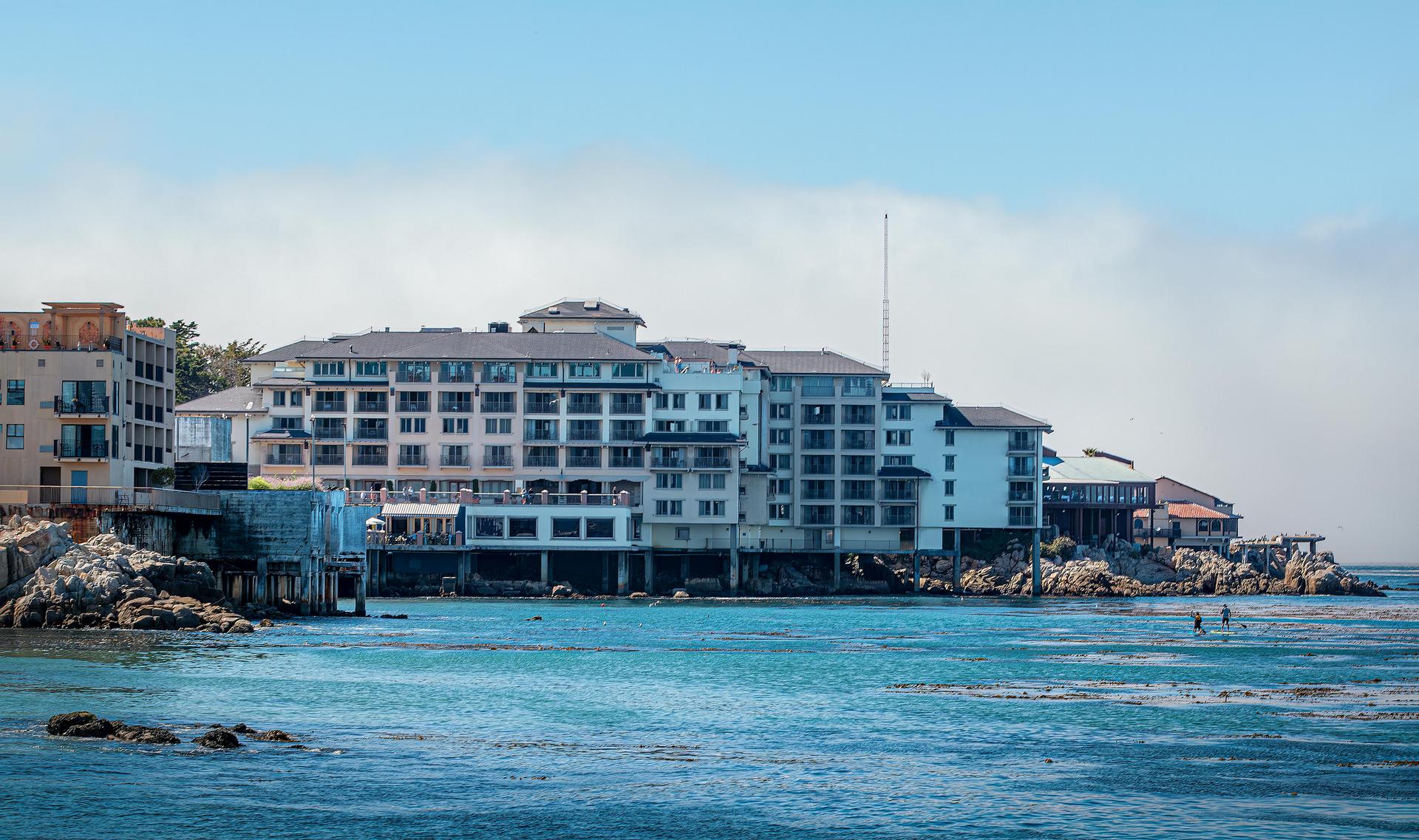 Panoramic view of the Monterey Plaza Hotel & Spa on the coast ofc Monterey