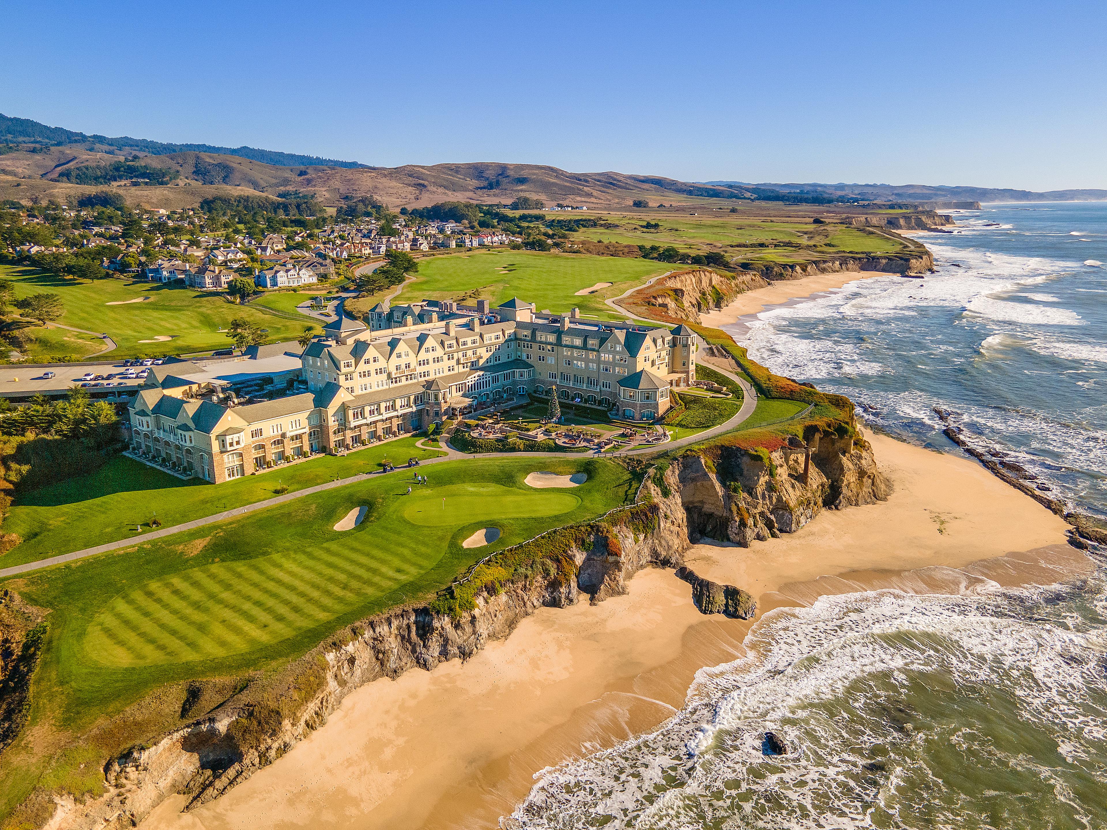 Aerial shot of the coastal resort elevated from the beach