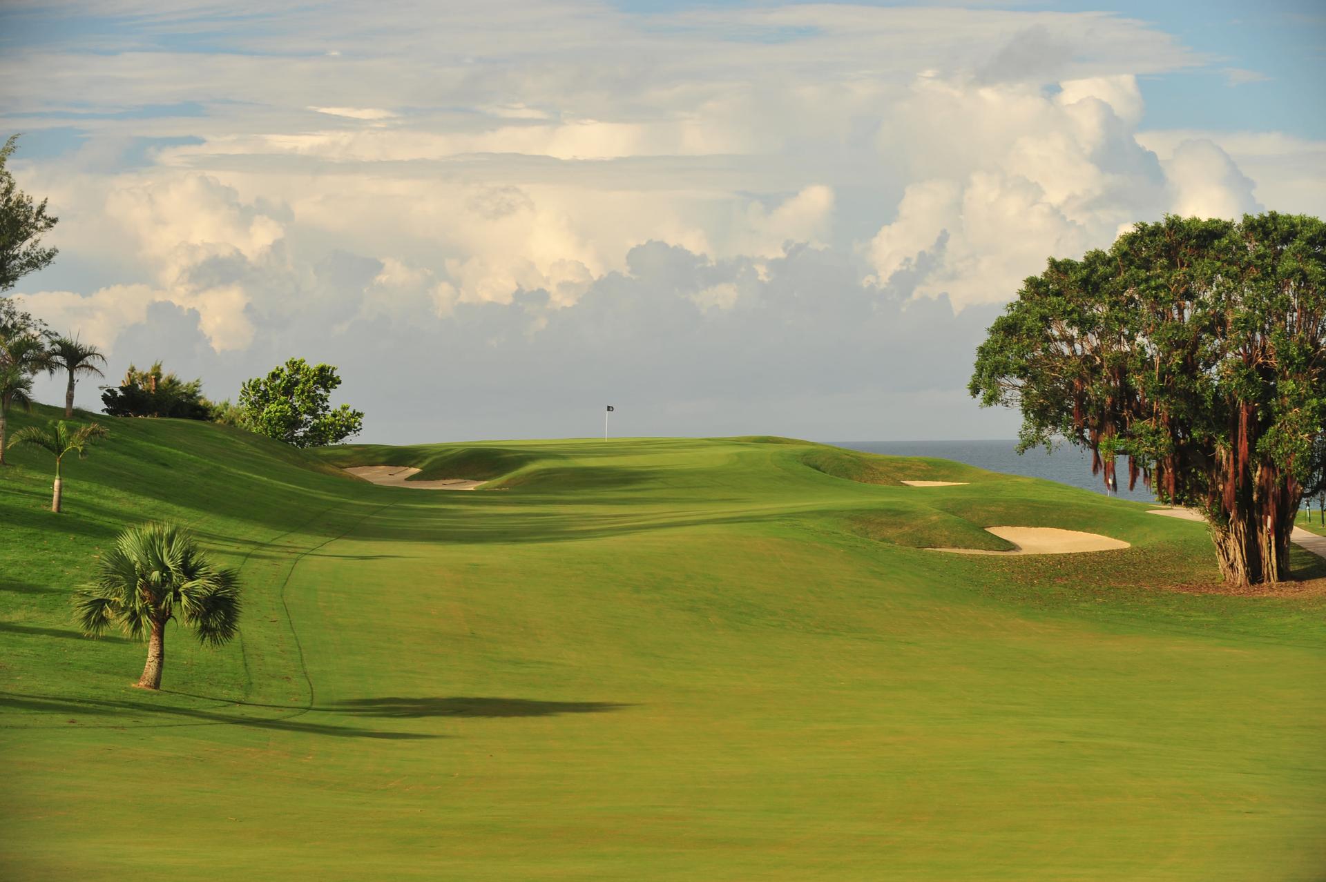 An uphill fairway leading to a smooth green with coastal views
