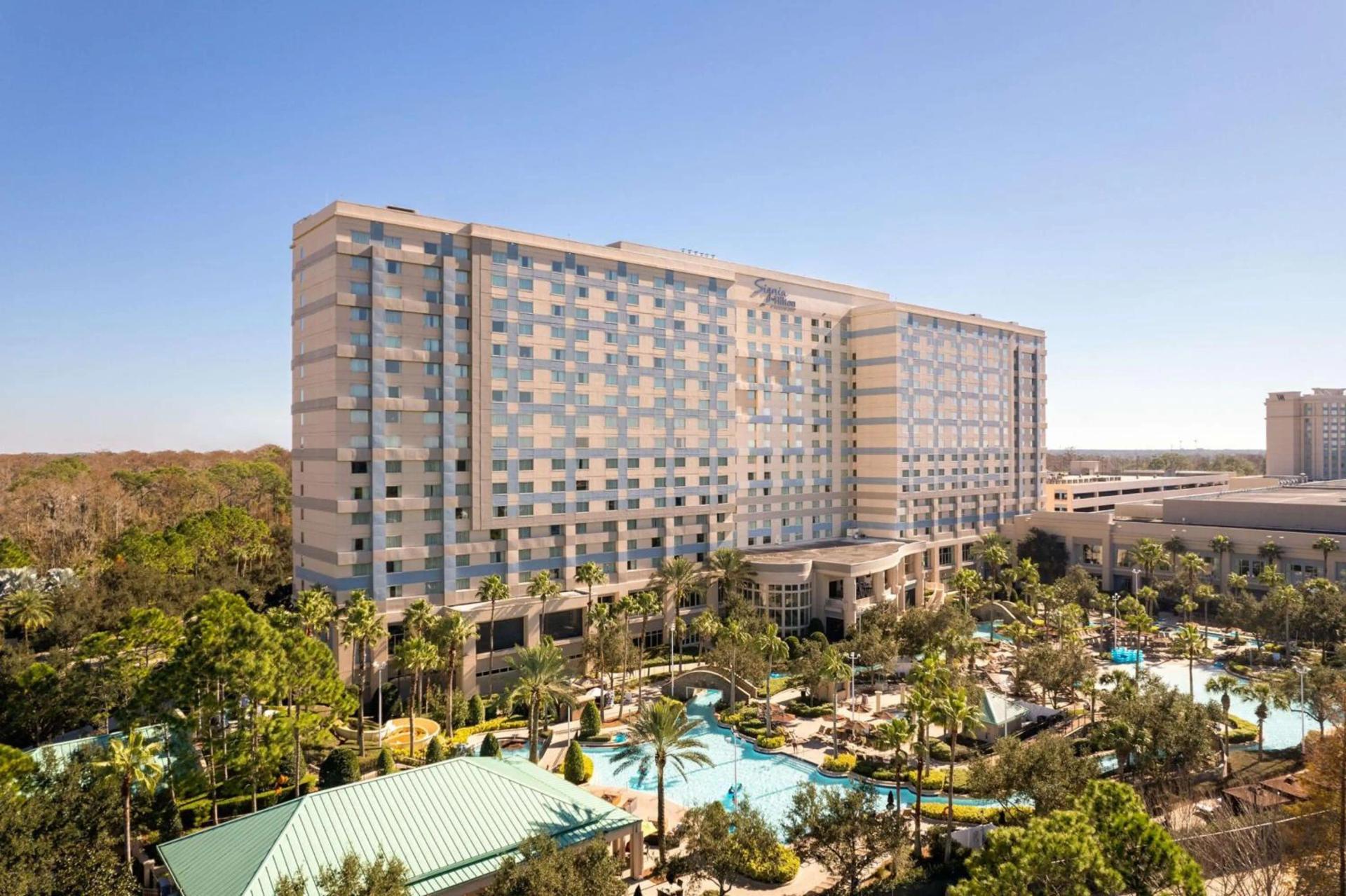 Overhead view of the Signia by Hilton Orlando overlooking outdoor swimming pool
