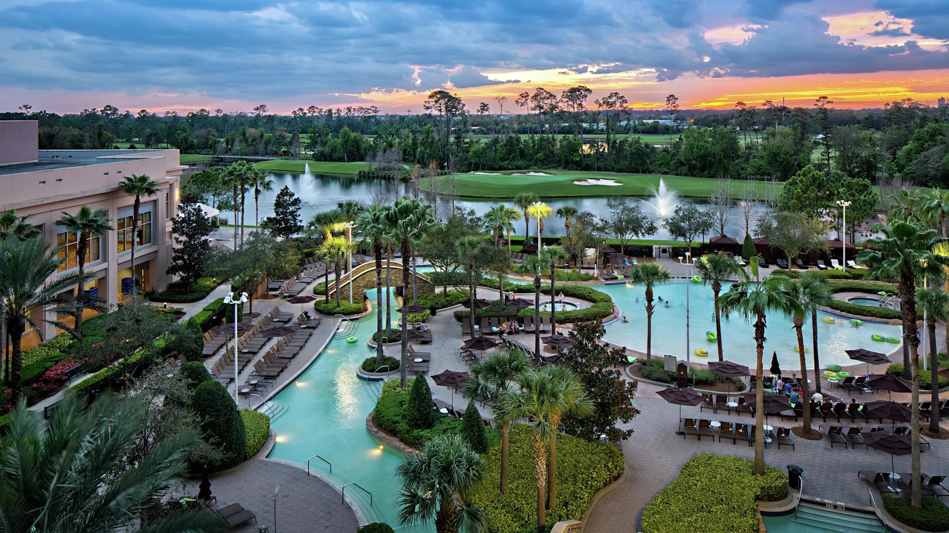 Overhead view of the outdoor swimming pool at Signia by Hilton Orlando