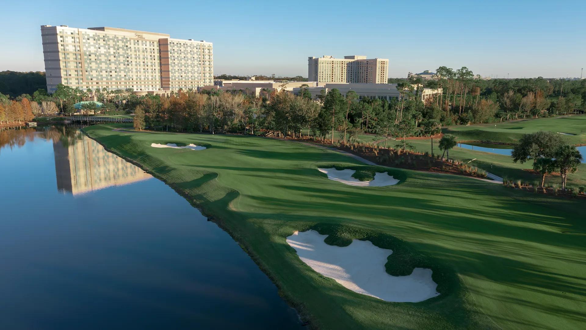 Overhead view of a fairway nestled with sand bunkers